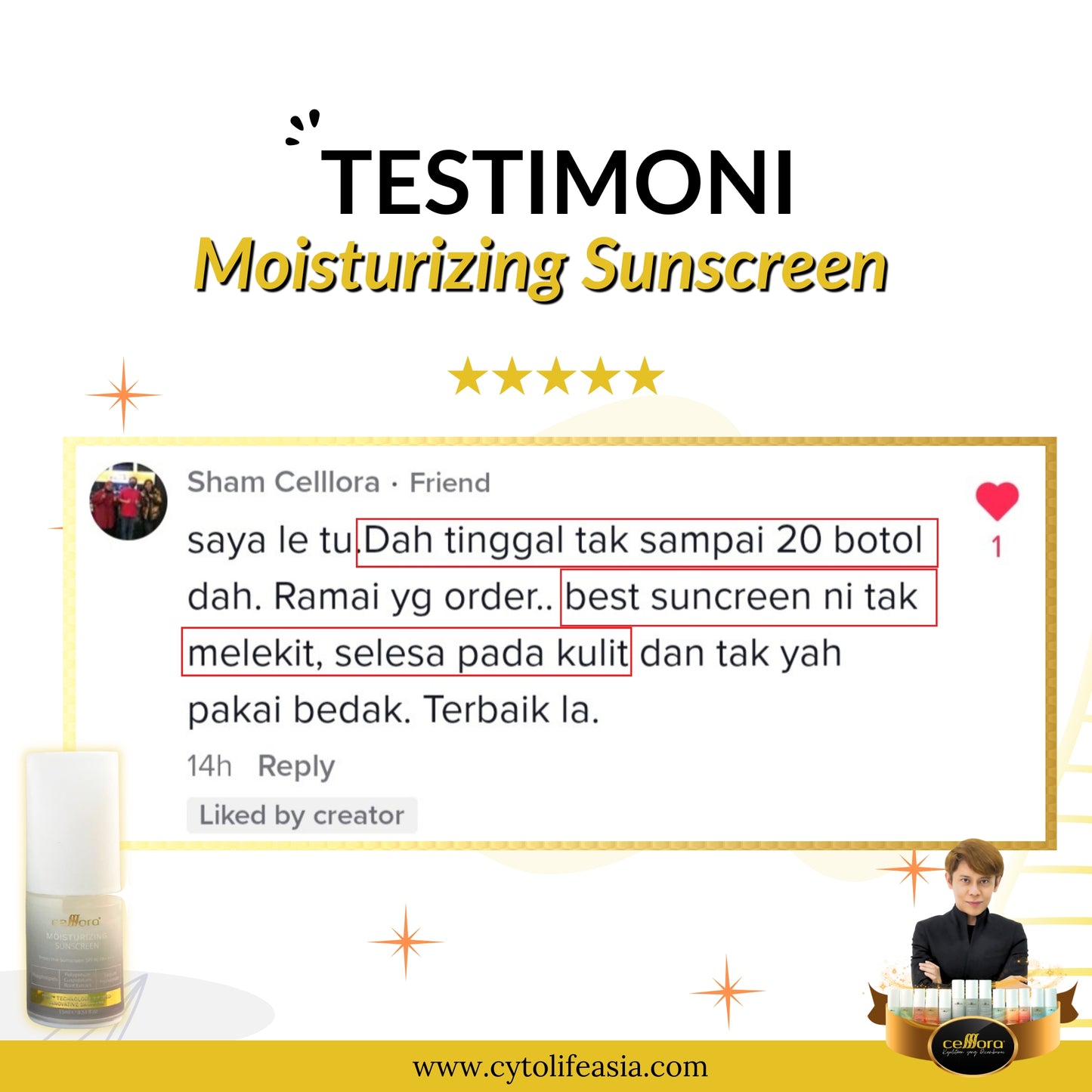 Sunscreen 5 in 1: Moisturizing Sunscreen SPF40 PA++++ Celllora | Teknologi Stem Cell CIGF