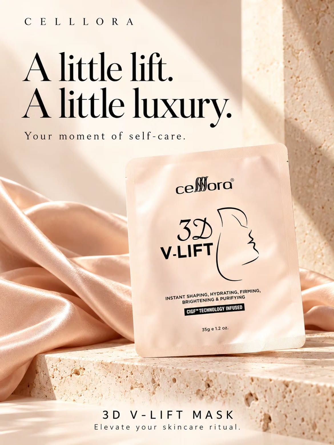 Mask 5 in 1 Gantung Kat Telinga: 3D V-LIFT Celllora | Teknologi Stem Cell CIGF, Sodium Hyaluronate, Glycerin