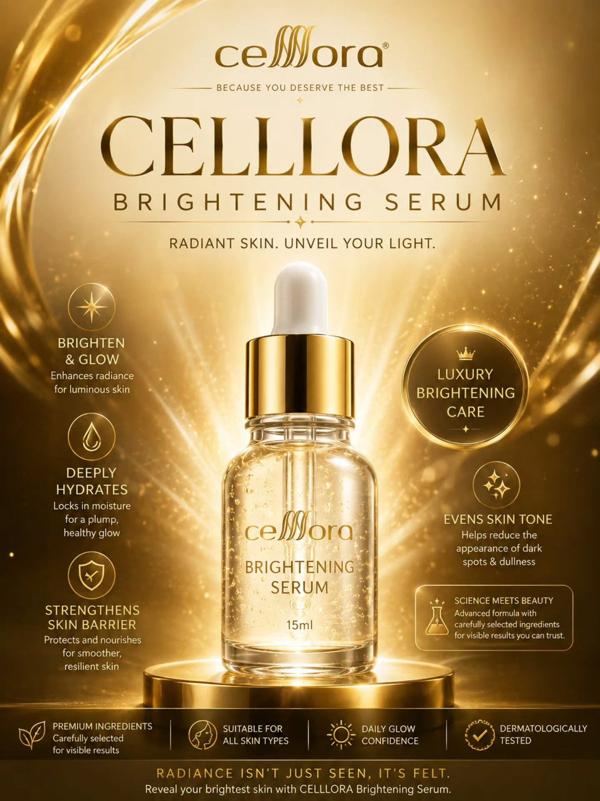 Serum Pencerah Wajah: Brightening Serum Celllora | Teknologi Stem Cell CIGF, Arbutin, Glutathione, Hyaluronic Acid