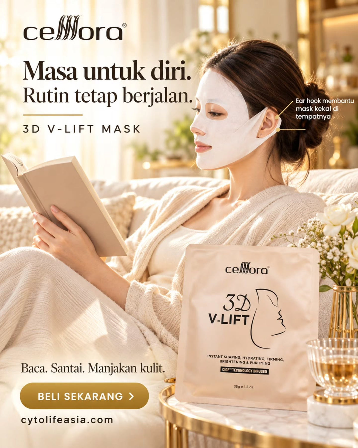Mask 5 in 1 Gantung Kat Telinga: 3D V-LIFT Celllora | Teknologi Stem Cell CIGF, Sodium Hyaluronate, Glycerin