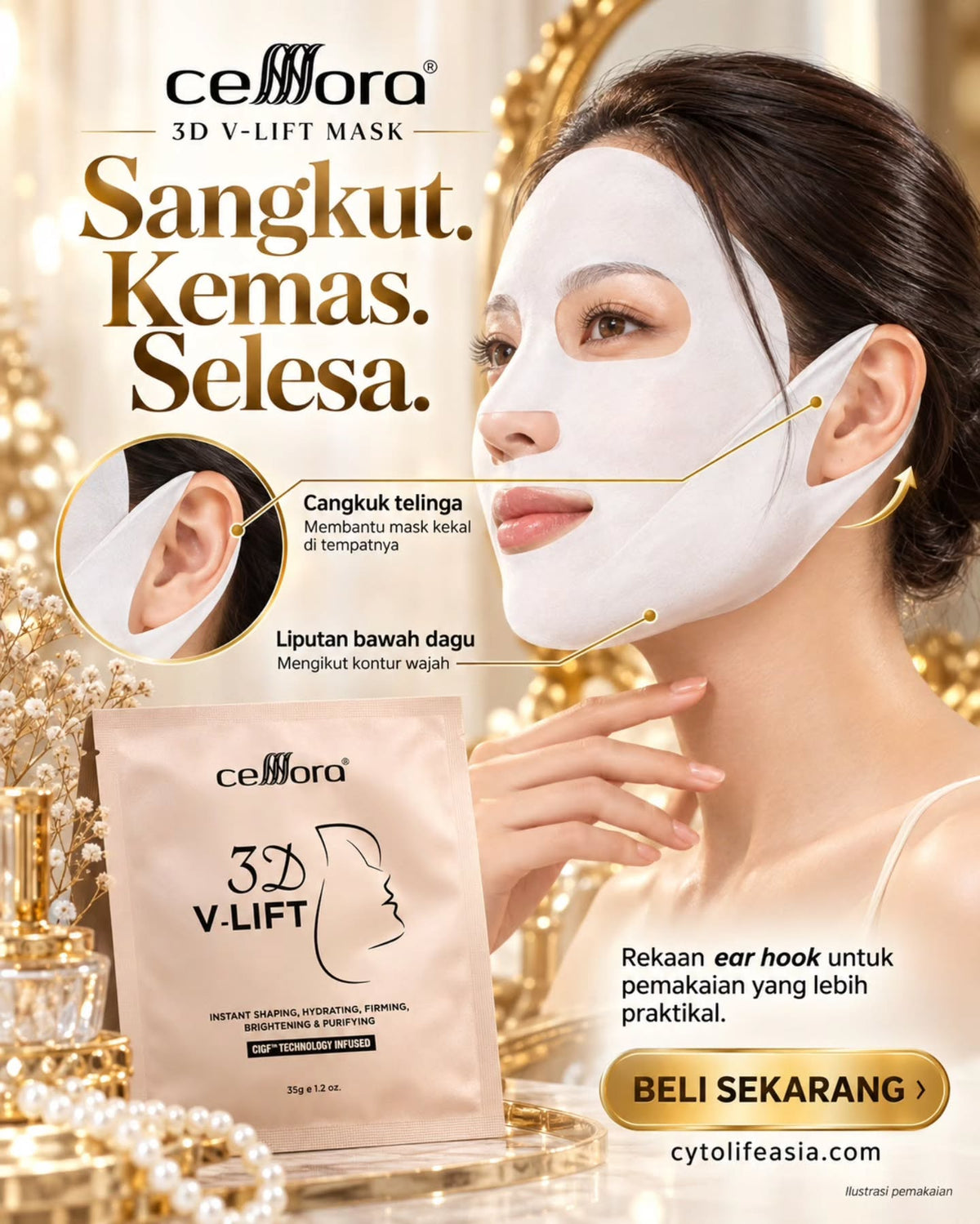 Mask 5 in 1 Gantung Kat Telinga: 3D V-LIFT Celllora | Teknologi Stem Cell CIGF, Sodium Hyaluronate, Glycerin