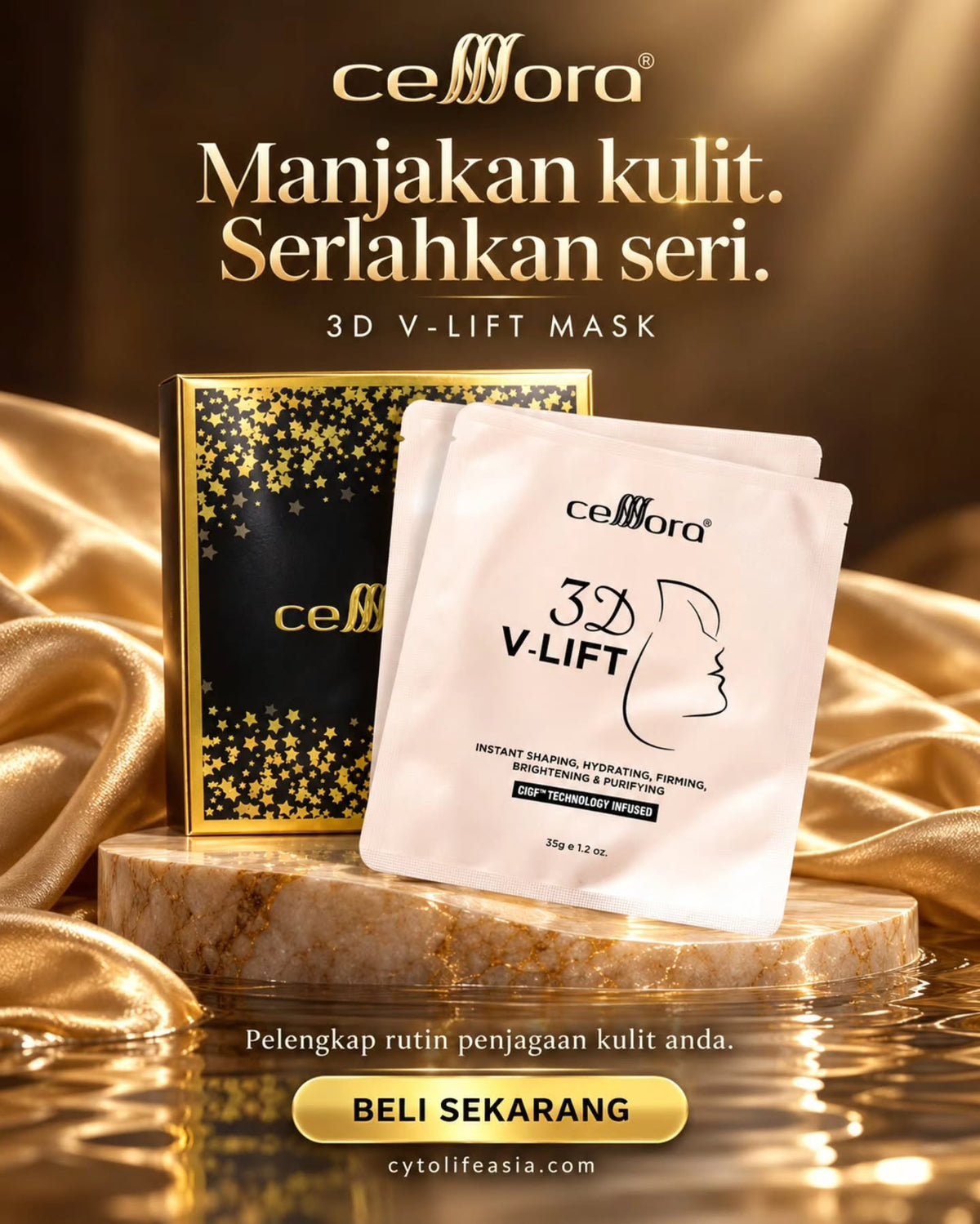 Mask 5 in 1 Gantung Kat Telinga: 3D V-LIFT Celllora | Teknologi Stem Cell CIGF, Sodium Hyaluronate, Glycerin