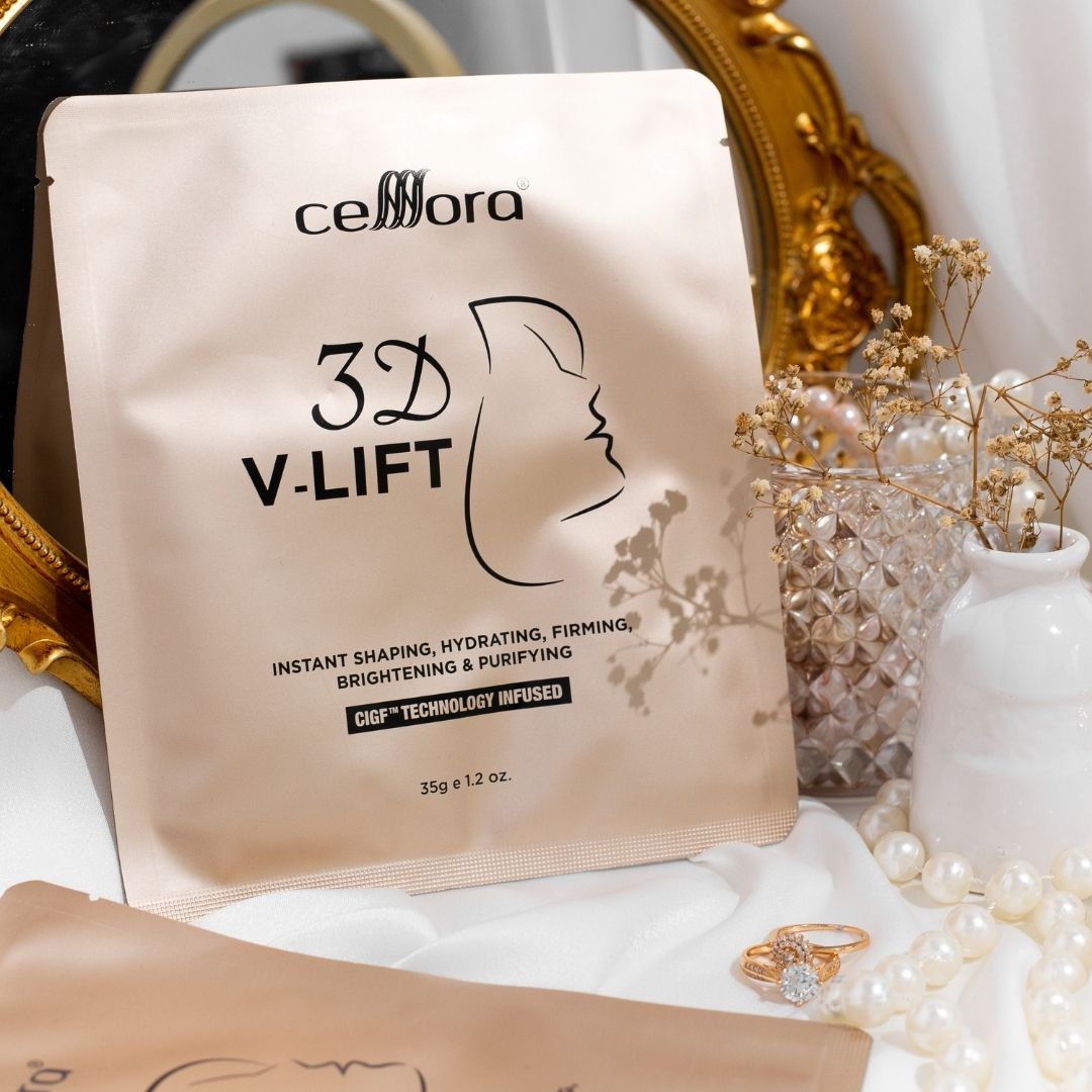 Mask 5 in 1 Gantung Kat Telinga: 3D V-LIFT Celllora | Teknologi Stem Cell CIGF, Sodium Hyaluronate, Glycerin