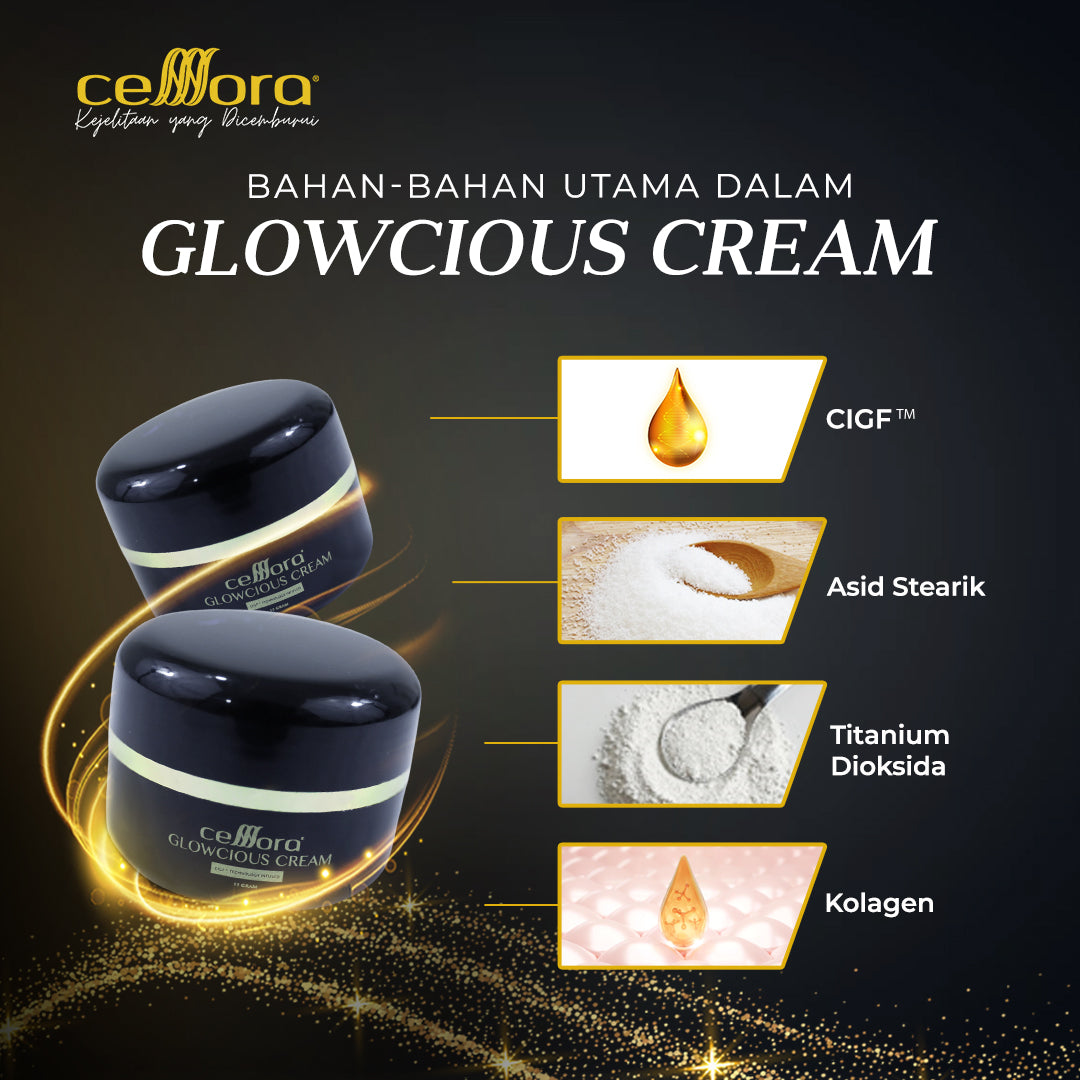 Moisturiser Pencerah Wajah: Glowcious Cream Celllora | Teknologi Stem Cell CIGF, Alpha Arbutin, Aloe Leaf Extract